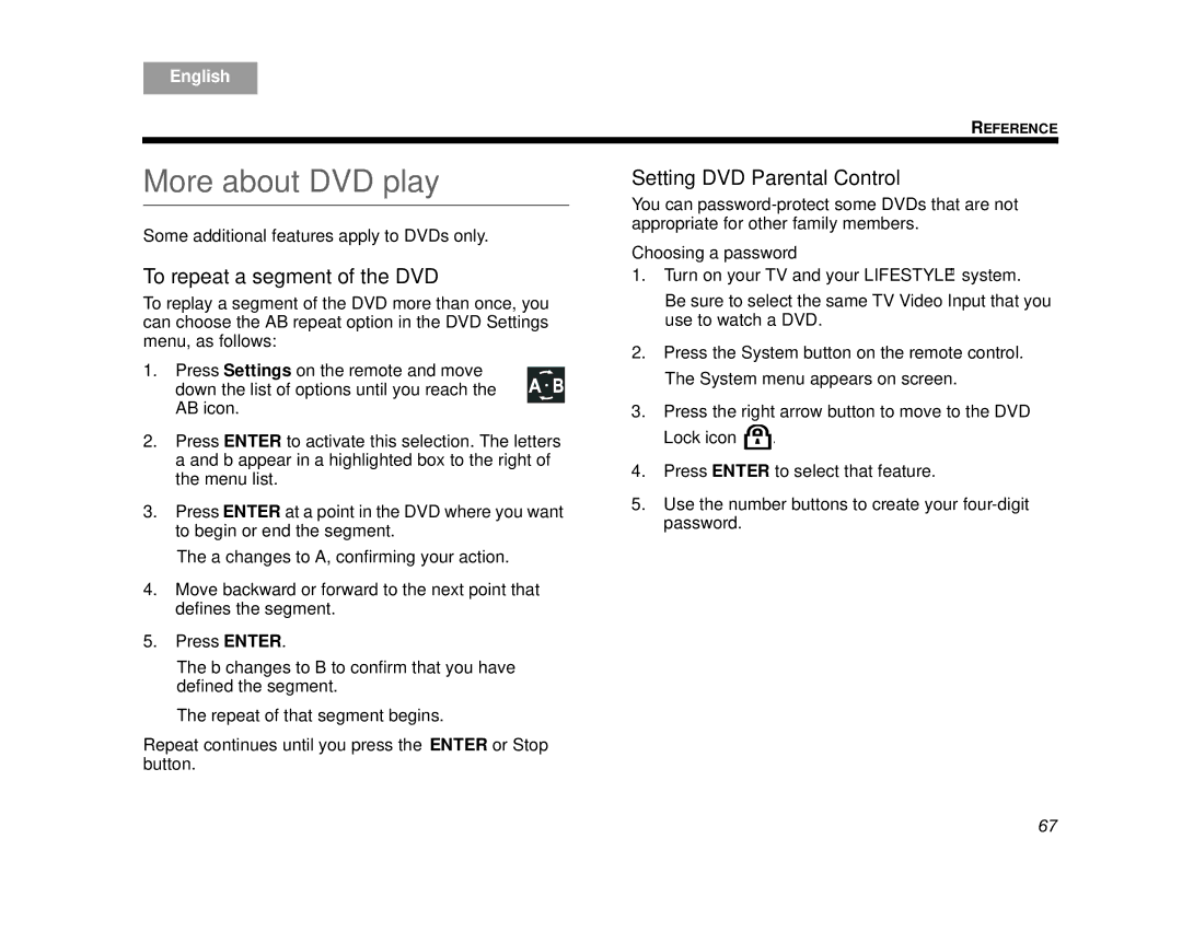 Bose AM314478 manual More about DVD play, Setting DVD Parental Control, To repeat a segment of the DVD, Choosing a password 