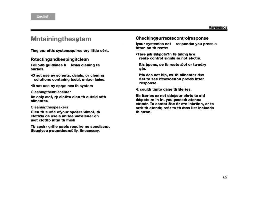 Bose AM314478 manual Maintaining the system, Checking your remote control response, Protecting and keeping it clean 