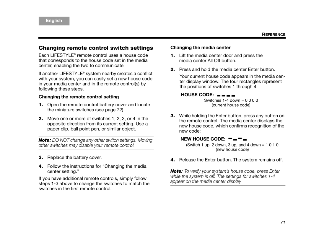 Bose AM314478 Changing remote control switch settings, Changing the remote control setting, Changing the media center 