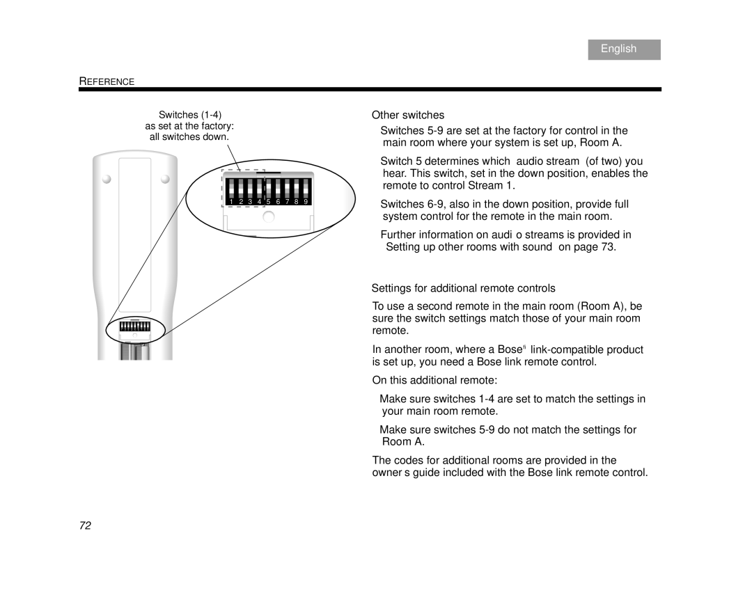 Bose AM314478 manual Other switches, Settings for additional remote controls 