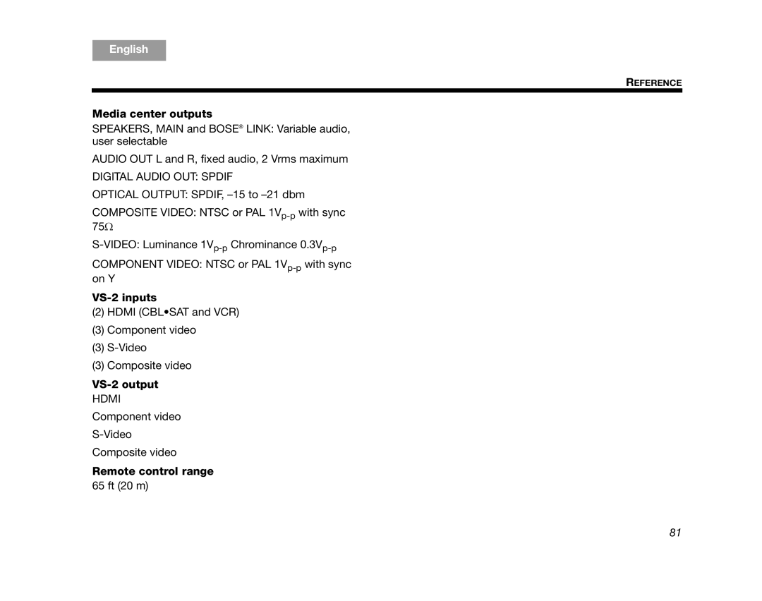 Bose AM314478 manual Media center outputs, VS-2 inputs, VS-2 output, Remote control range 