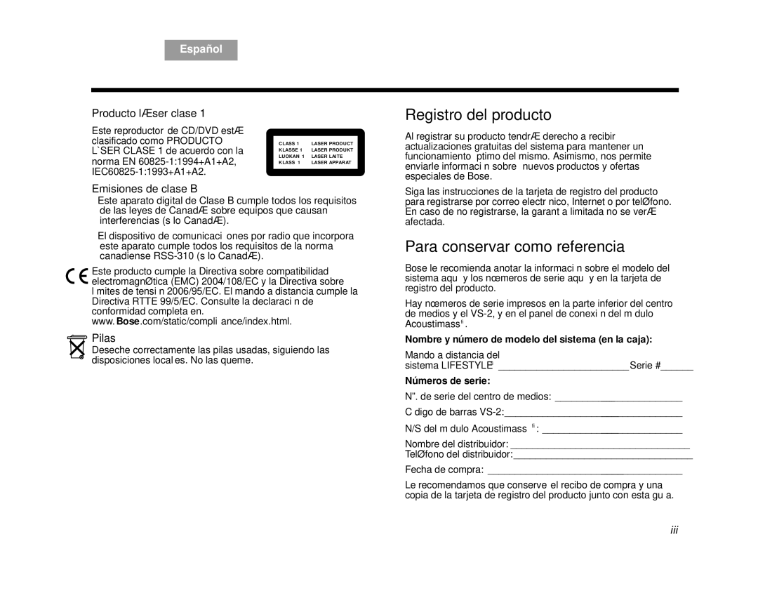 Bose AM314478 Registro del producto, Para conservar como referencia, Producto láser clase, Emisiones de clase B, Pilas 