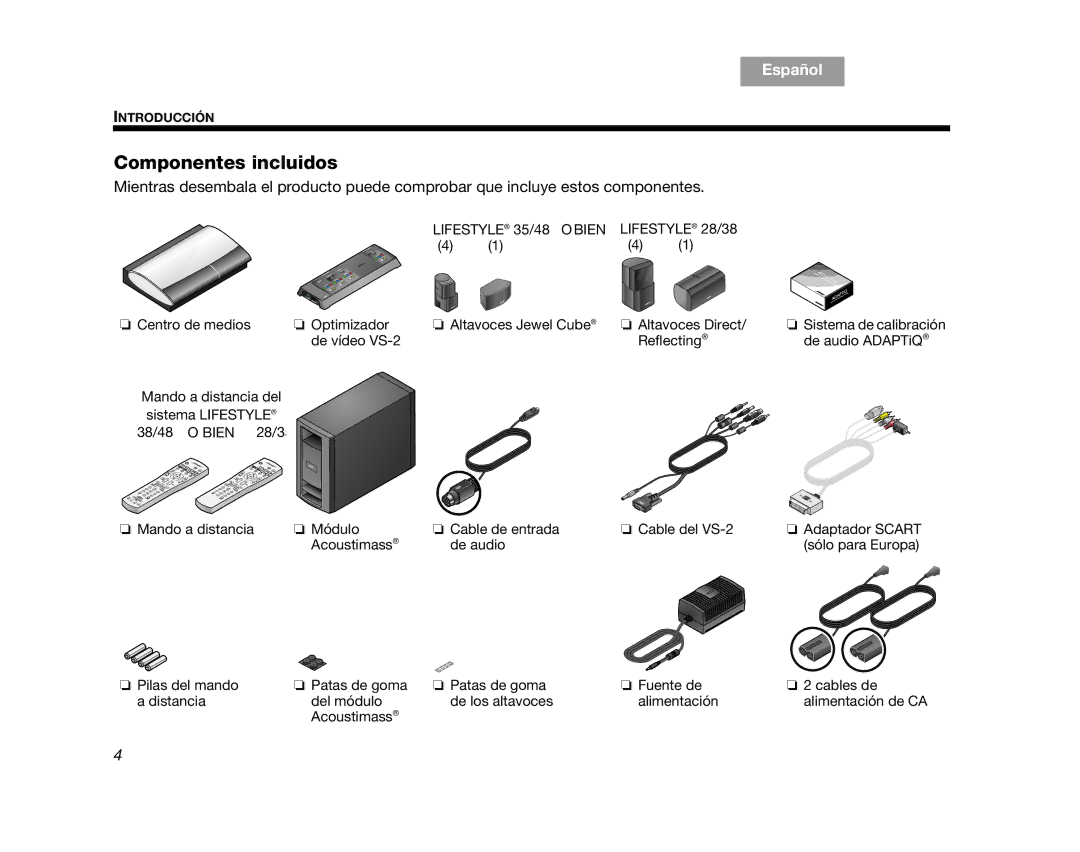 Bose AM314478 manual Componentes incluidos, Lifestyle 35/48 O Bien Lifestyle 28/38 