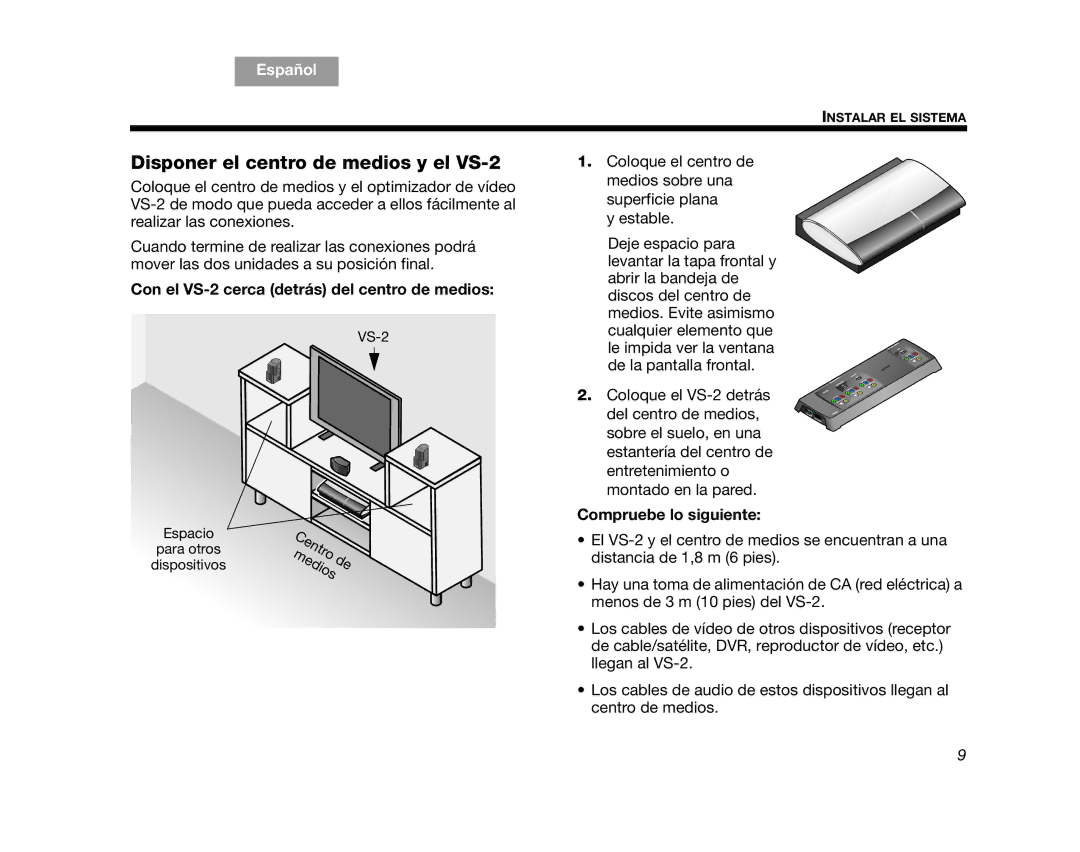 Bose AM314478 manual Disponer el centro de medios y el VS-2, Con el VS-2 cerca detrás del centro de medios 