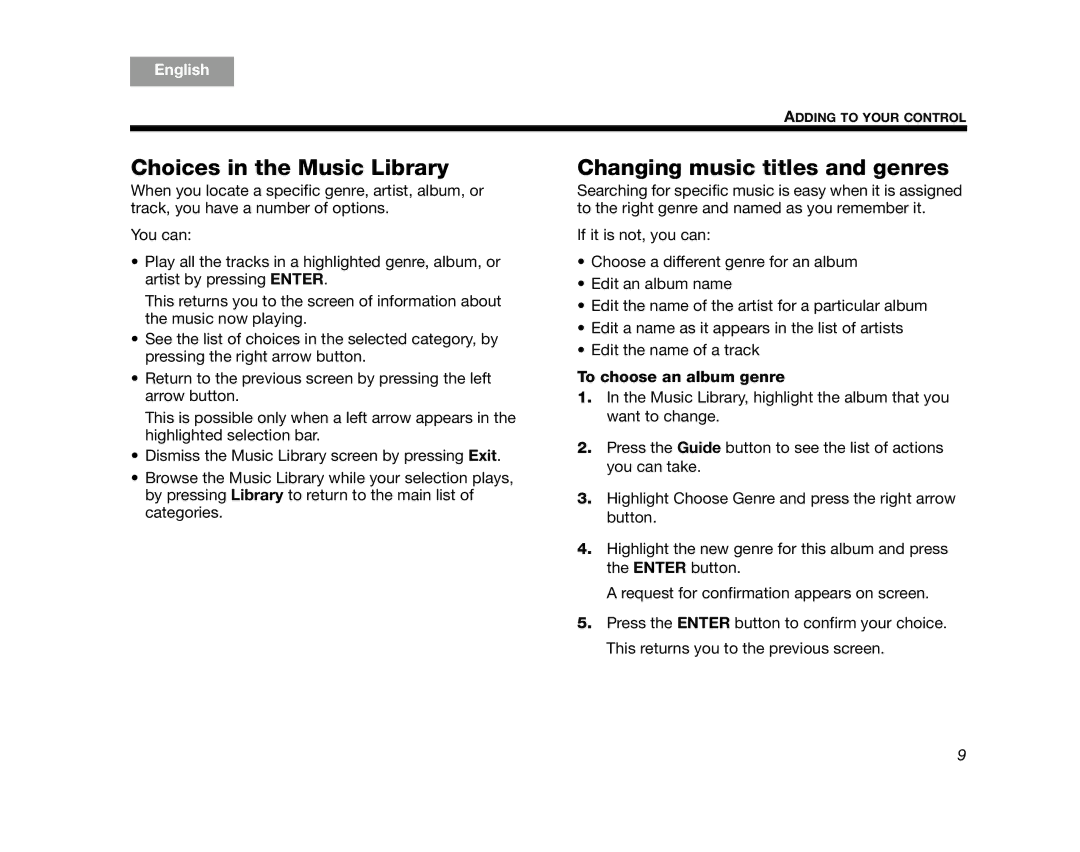 Bose AM314482 manual Choices in the Music Library, Changing music titles and genres, To choose an album genre 