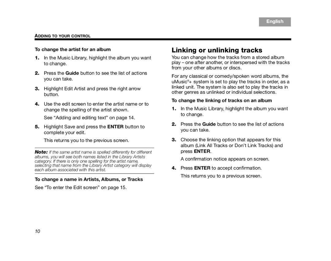 Bose AM314482 Linking or unlinking tracks, To change the artist for an album, To change the linking of tracks on an album 