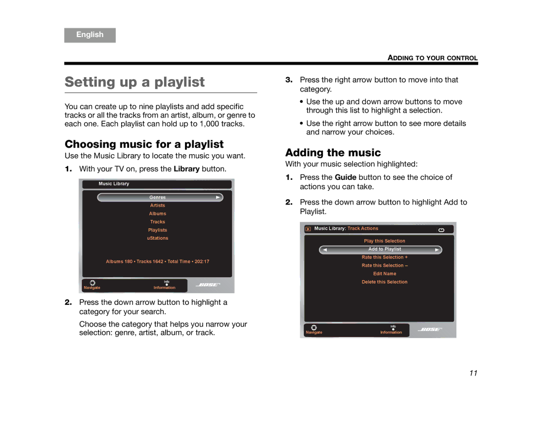 Bose AM314482 manual Setting up a playlist, Choosing music for a playlist, Adding the music 