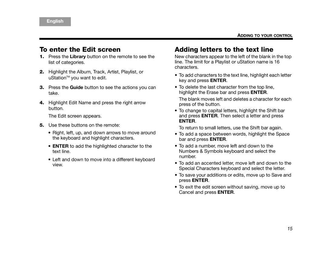 Bose AM314482 manual To enter the Edit screen, Adding letters to the text line 