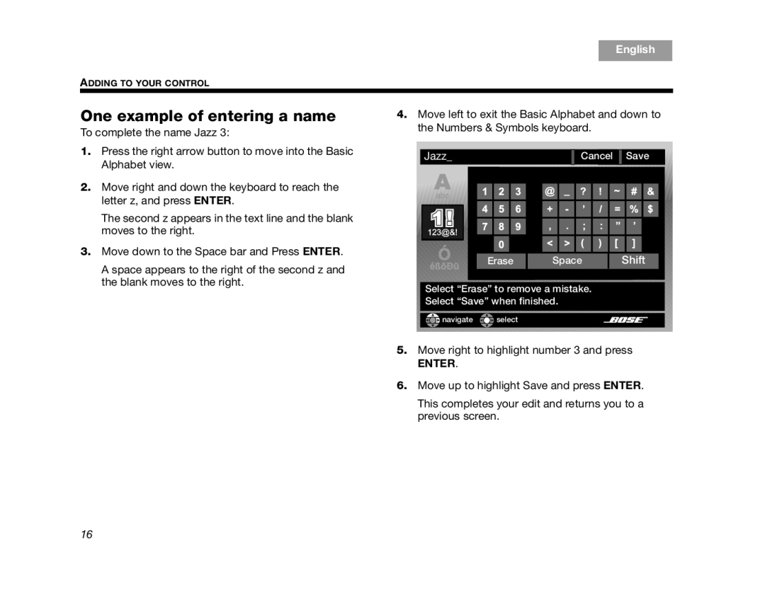 Bose AM314482 manual One example of entering a name, Shift 