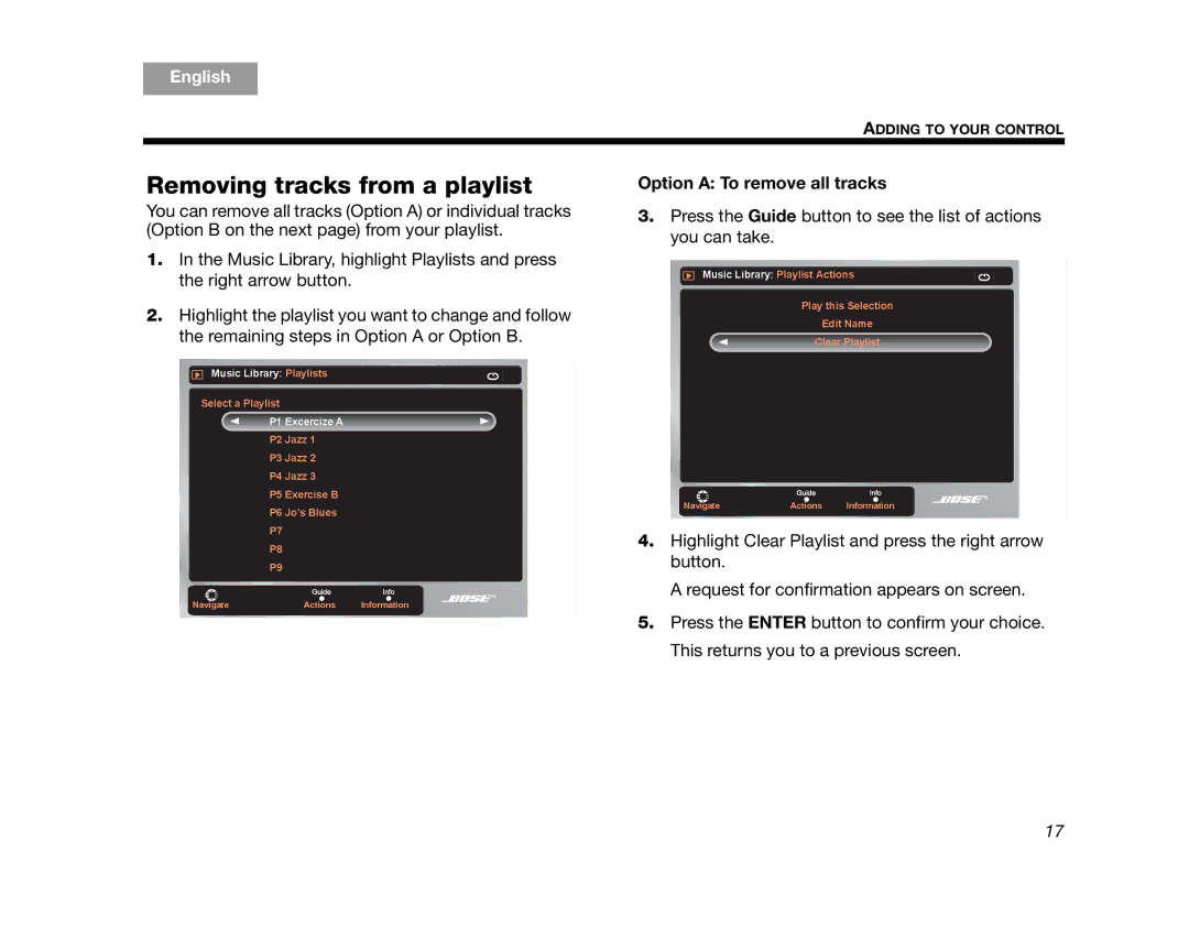 Bose AM314482 manual Removing tracks from a playlist, Option a To remove all tracks 