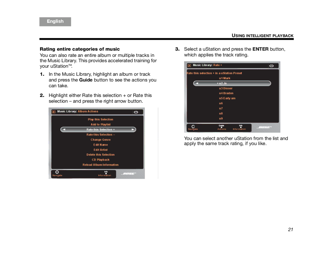 Bose AM314482 manual Rating entire categories of music, Rate this Selection + 