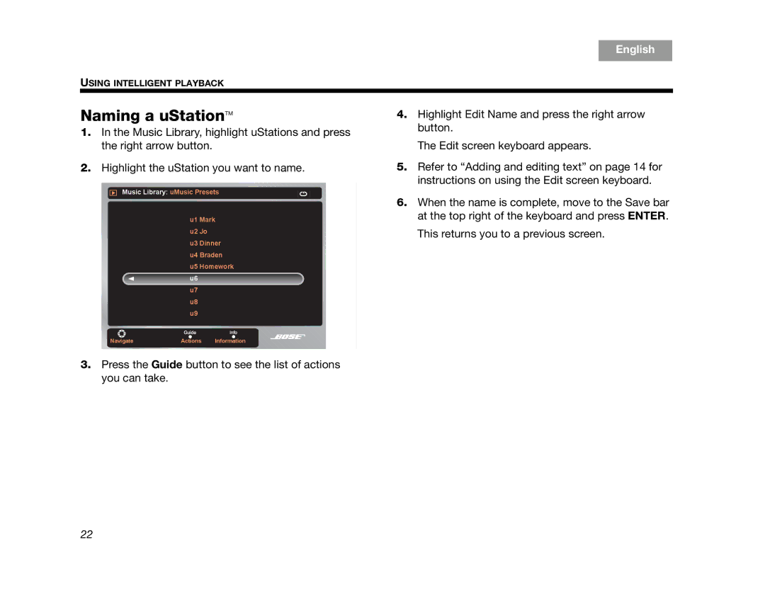 Bose AM314482 manual Naming a uStationTM 