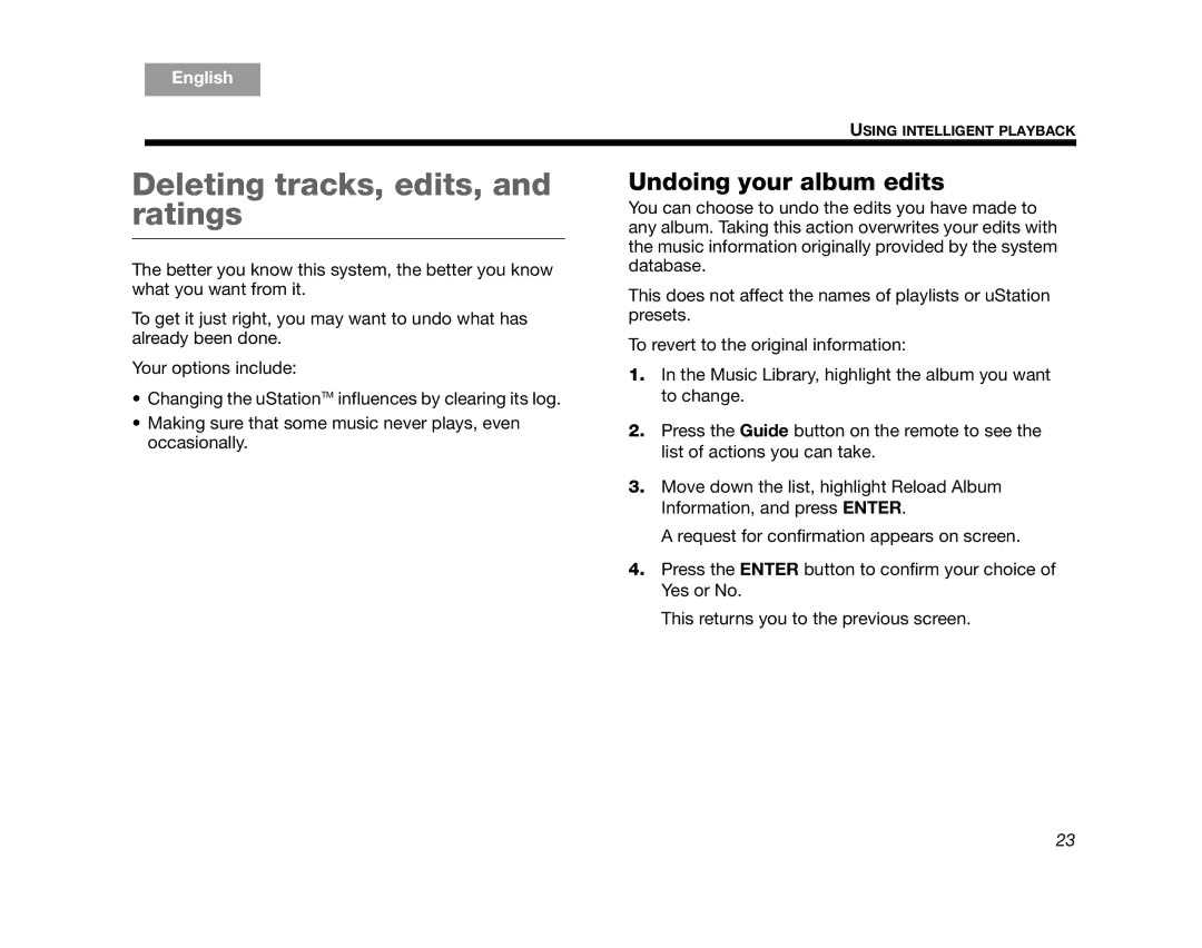 Bose AM314482 manual Deleting tracks, edits, and ratings, Undoing your album edits 