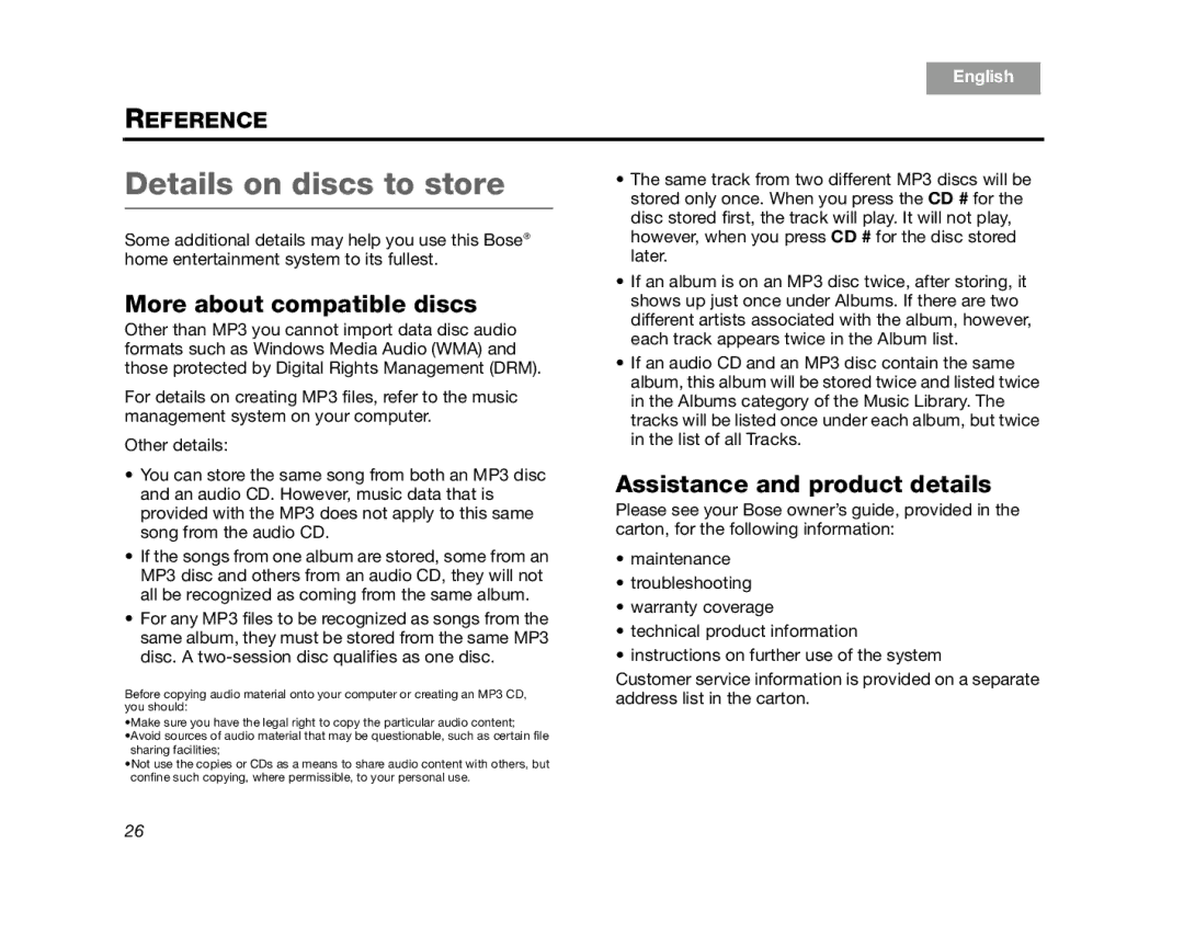 Bose AM314482 manual Details on discs to store, More about compatible discs, Assistance and product details 