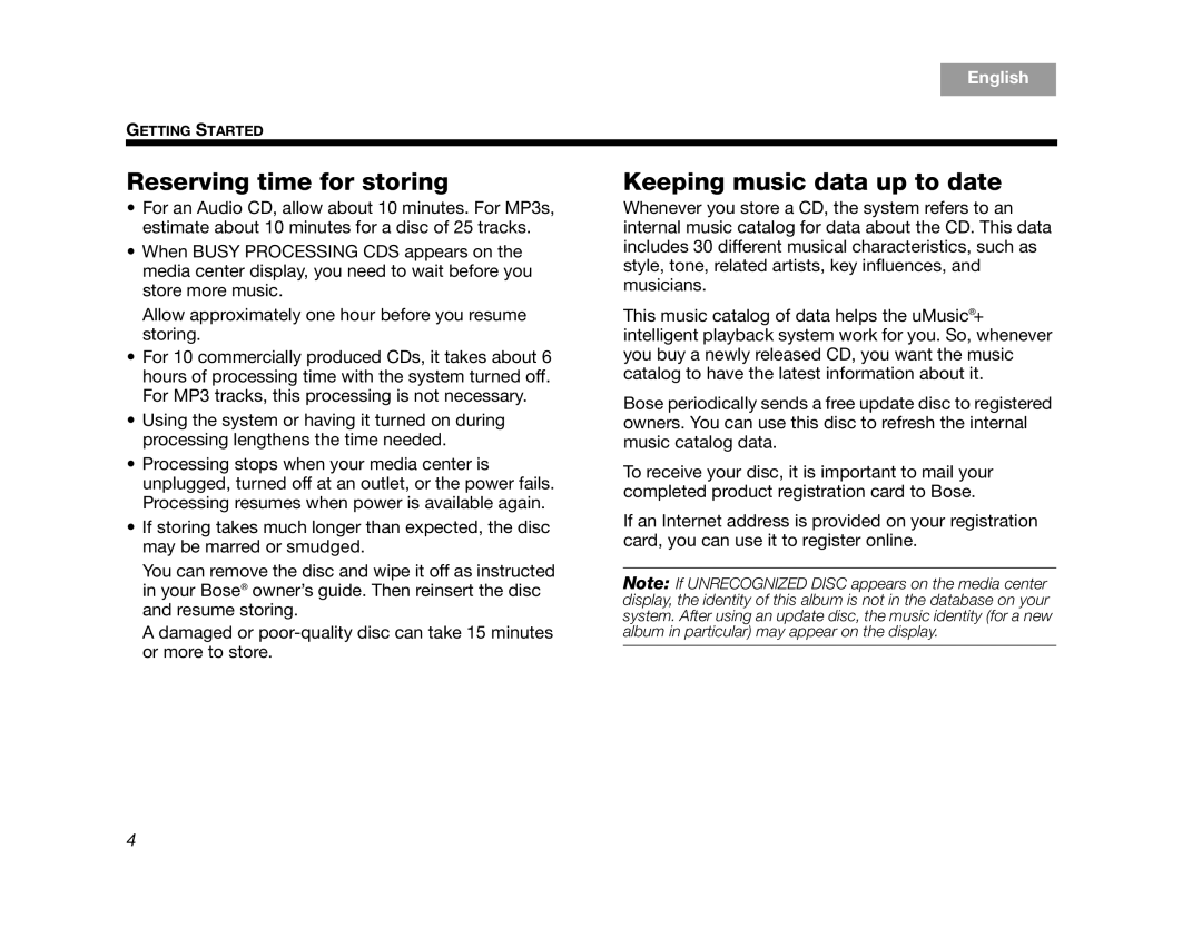 Bose AM314482 manual Reserving time for storing, Keeping music data up to date 