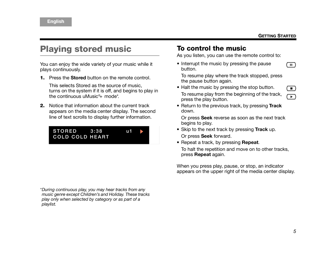 Bose AM314482 manual Playing stored music, To control the music 