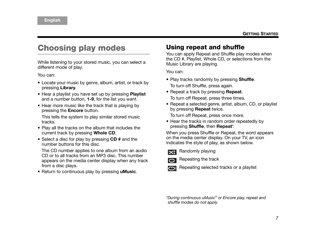 Bose AM314482 manual Choosing play modes, Using repeat and shuffle 