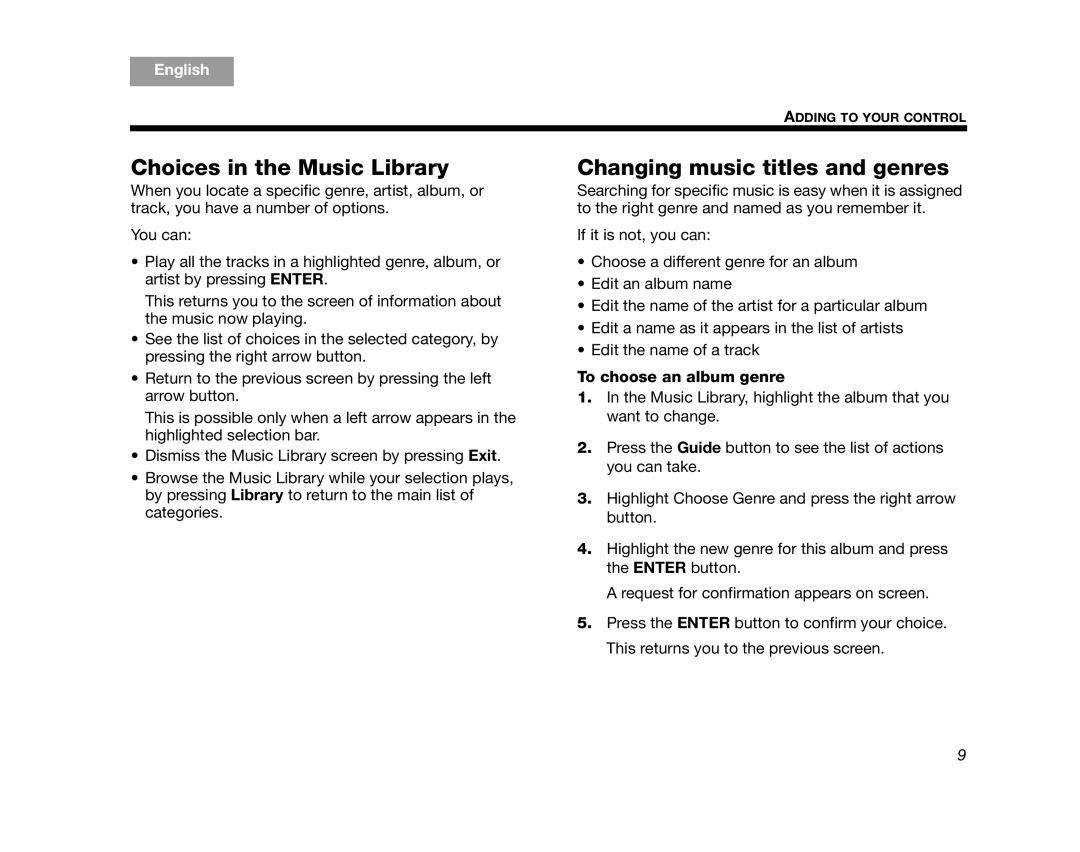 Bose AM314482 manual Choices in the Music Library, Changing music titles and genres, English, To choose an album genre 