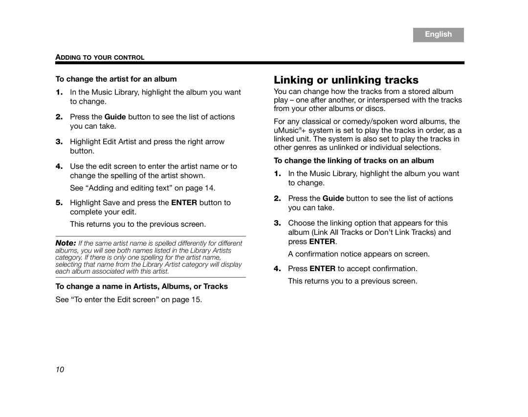 Bose AM314482 manual Linking or unlinking tracks, English, To change the artist for an album 