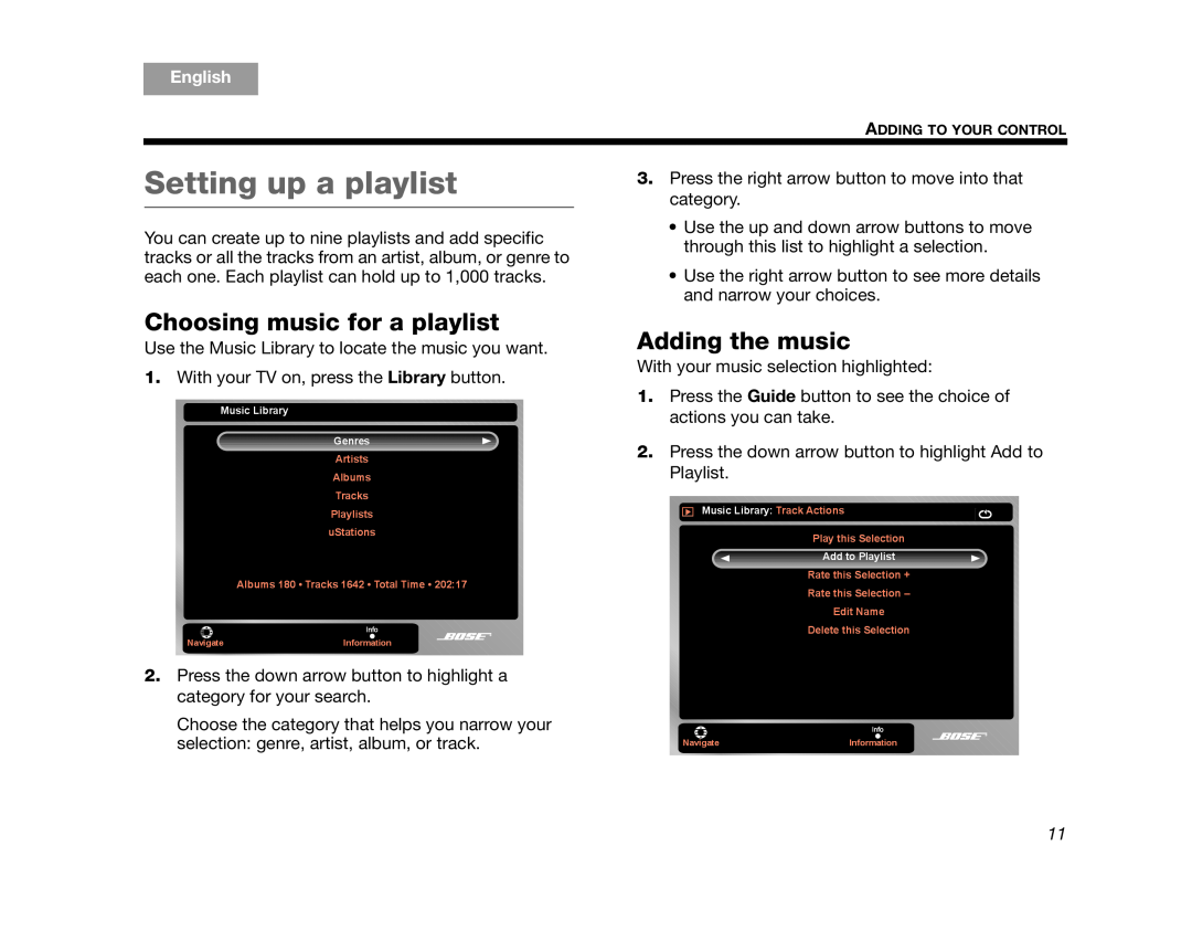 Bose AM314482 manual Setting up a playlist, Choosing music for a playlist, Adding the music, English 