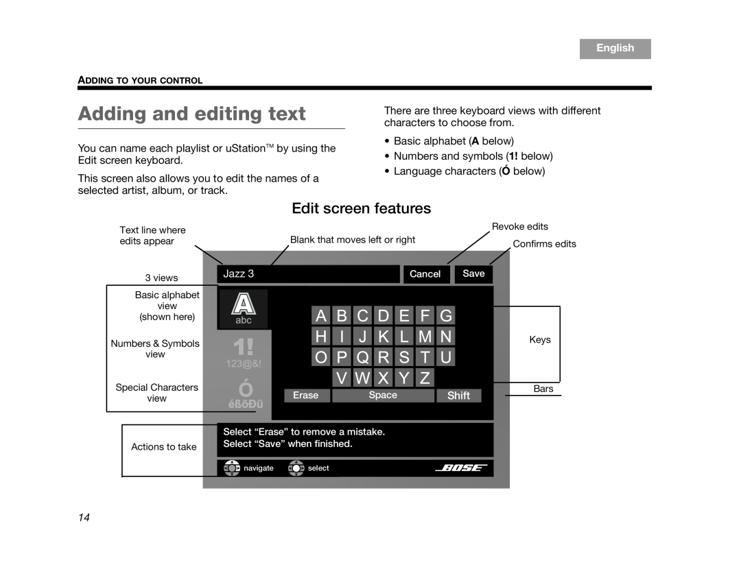 Bose AM314482 manual Adding and editing text, Edit screen features, English, Jazz 