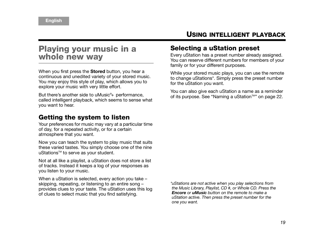 Bose AM314482 Playing your music in a whole new way, Selecting a uStation preset, Getting the system to listen, English 