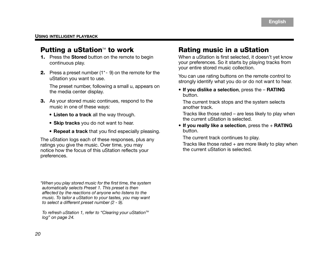 Bose AM314482 manual Putting a uStationTM to work, Rating music in a uStation, English 