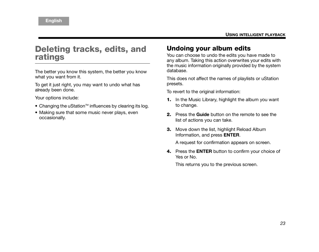 Bose AM314482 manual Deleting tracks, edits, and ratings, Undoing your album edits, English 