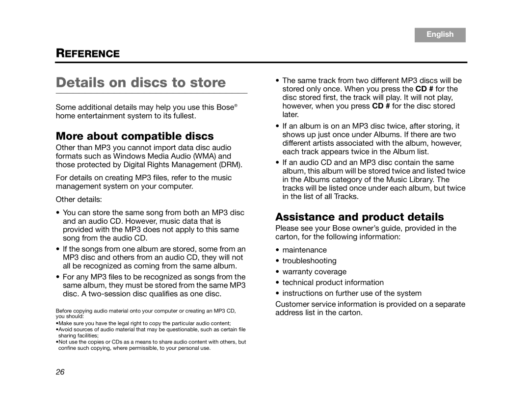 Bose AM314482 Details on discs to store, More about compatible discs, Assistance and product details, Reference, English 
