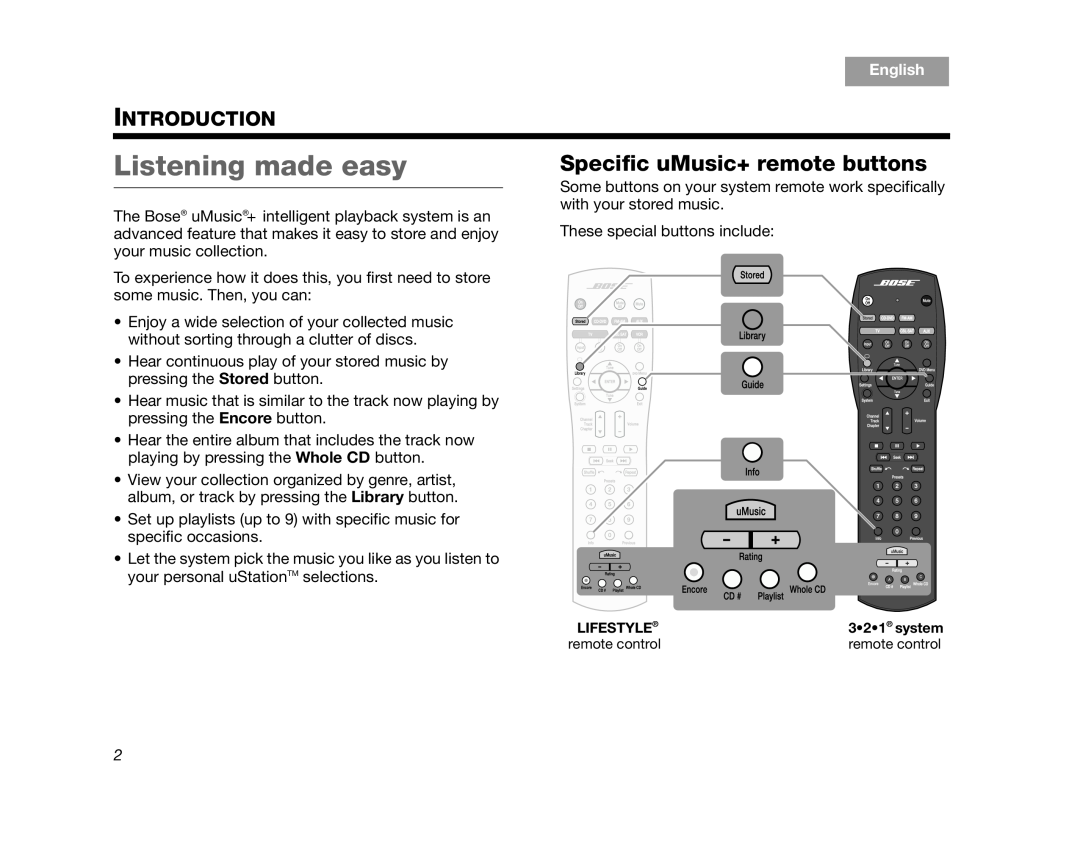 Bose AM314482 manual Listening made easy, Specific uMusic+ remote buttons, Introduction, English 