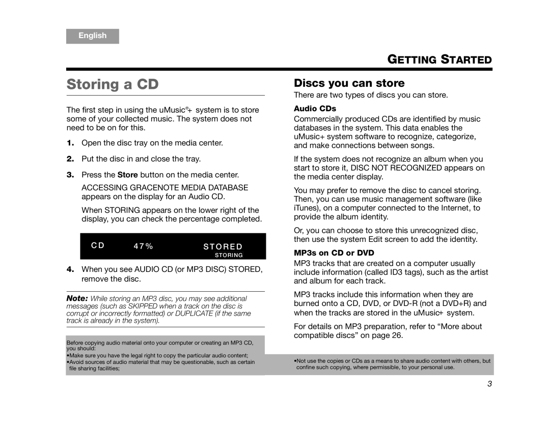 Bose AM314482 manual Storing a CD, Discs you can store, Getting Started, English, 4 7 %, S T O R E D, Audio CDs 