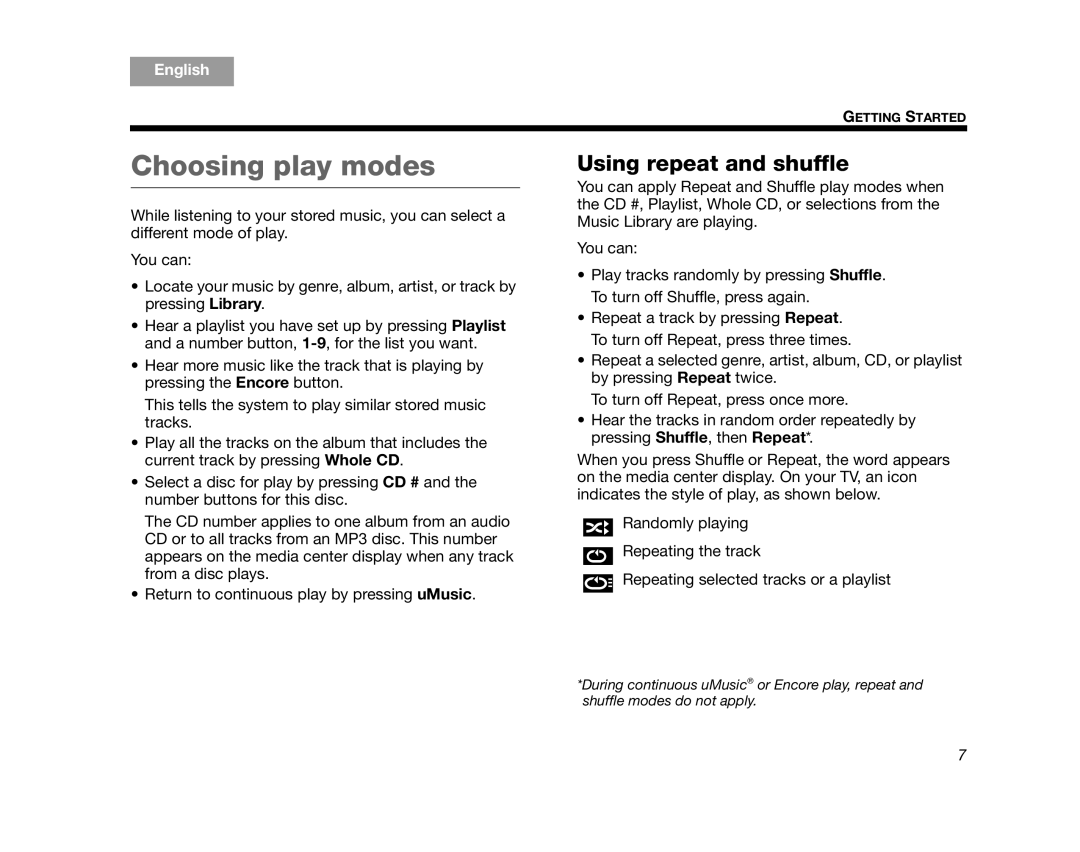 Bose AM314482 manual Choosing play modes, Using repeat and shuffle, English 