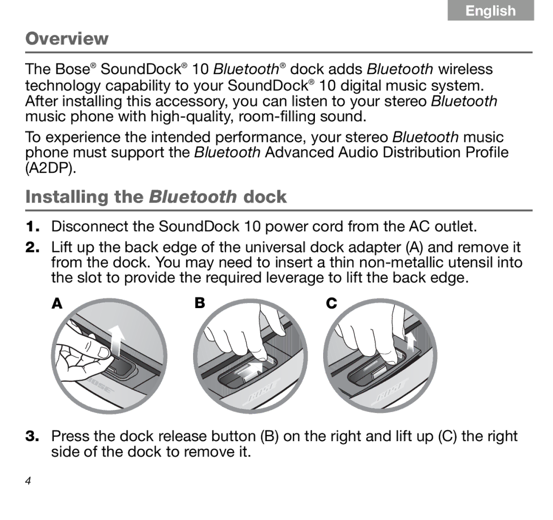 Bose AM316536 manual Overview, Installing the Bluetooth dock, Ab C 