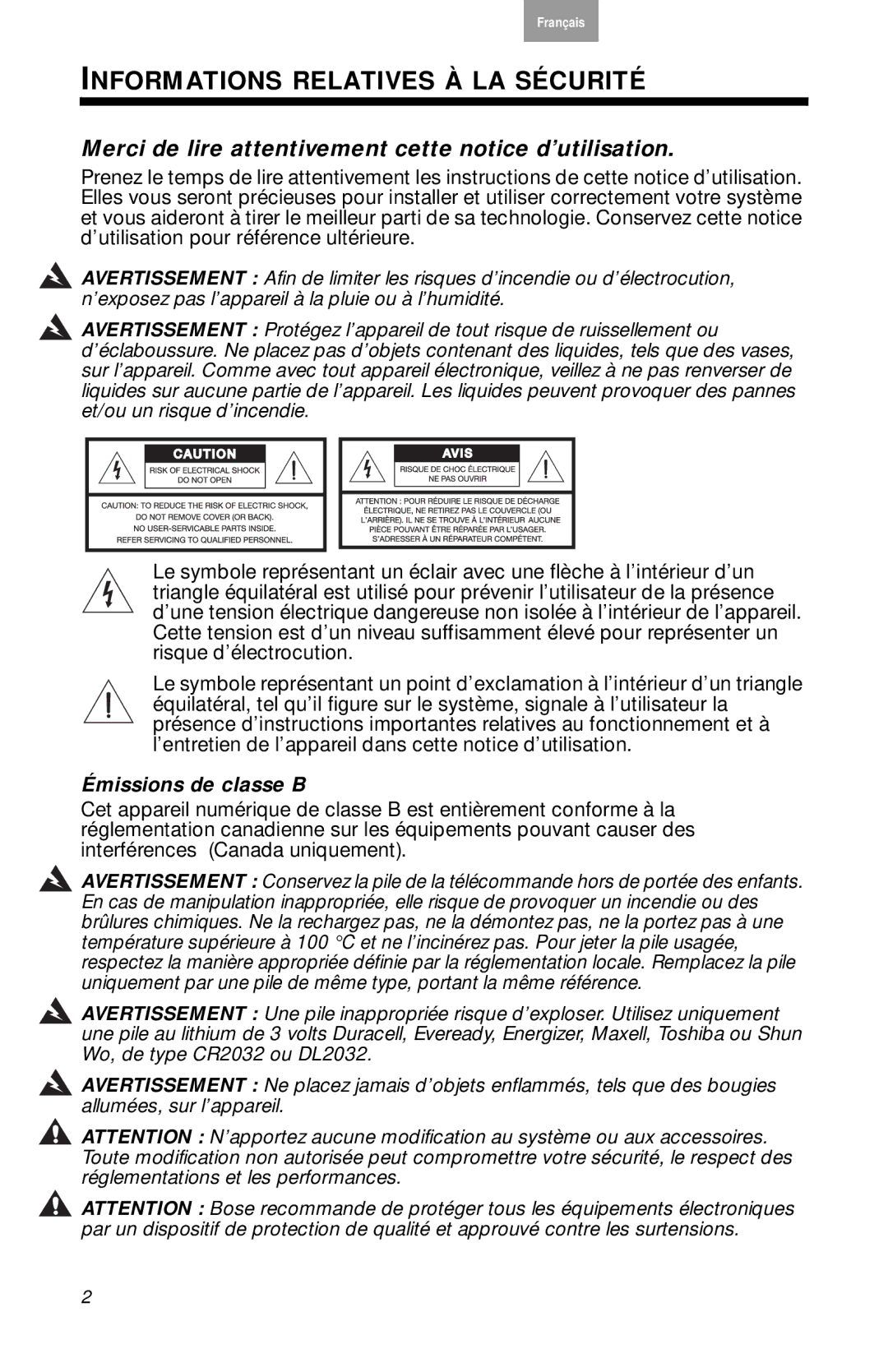 Bose AM316766 manual Informations Relatives À LA Sécurité 