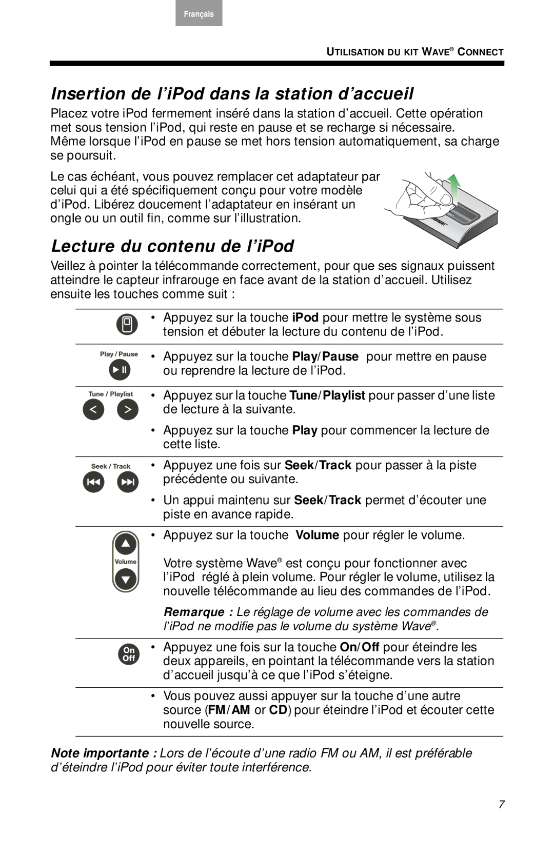 Bose AM316766 manual Insertion de l’iPod dans la station d’accueil, Lecture du contenu de l’iPod 