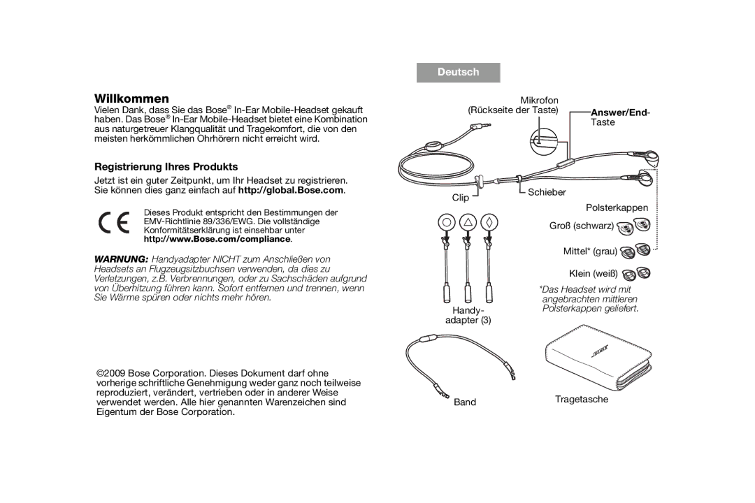 Bose AM316835 manual Willkommen, Registrierung Ihres Produkts, Answer/End, Das Headset wird mit 