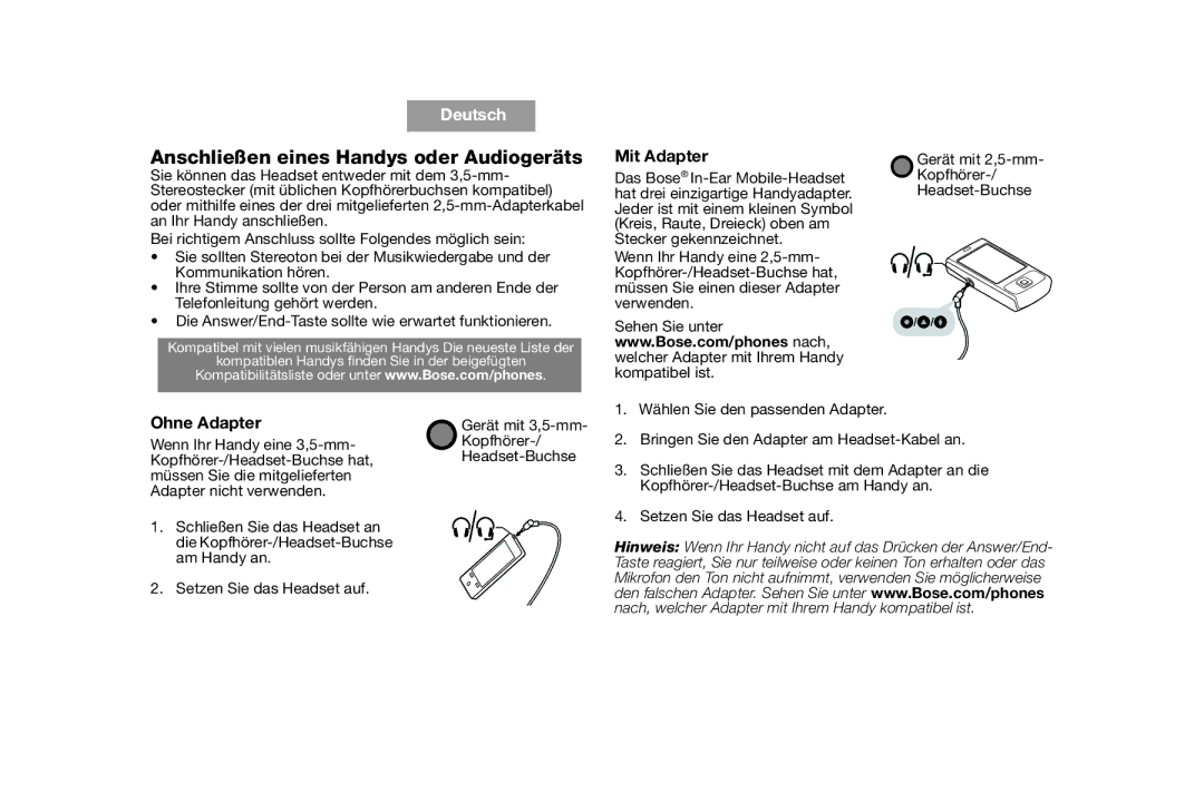 Bose AM316835 manual Anschließen eines Handys oder Audiogeräts, Mit Adapter, Ohne Adapter 