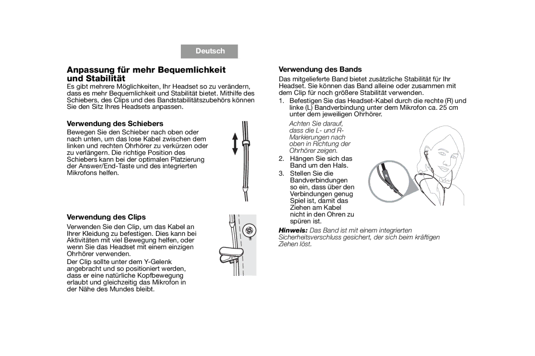 Bose AM316835 manual Anpassung für mehr Bequemlichkeit und Stabilität, Verwendung des Schiebers, Verwendung des Clips 