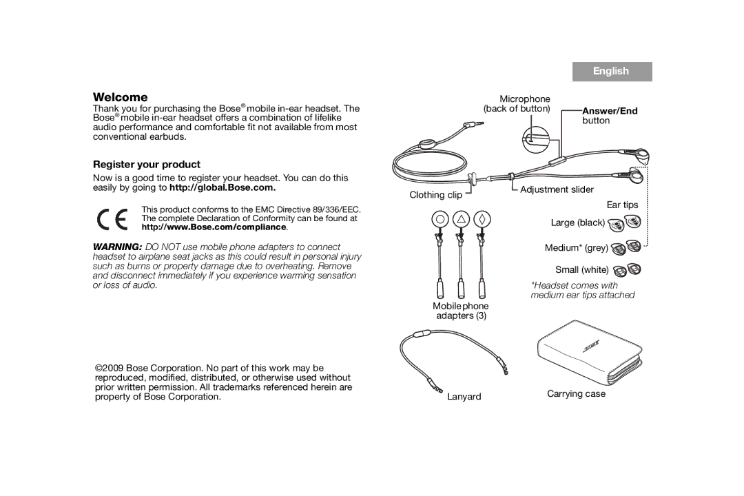 Bose AM316835 manual Welcome, Register your product, Headset comes with medium ear tips attached 