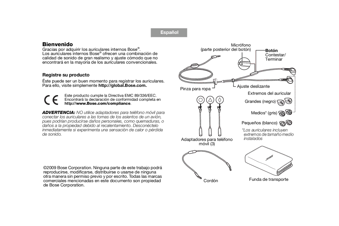 Bose AM316835 manual Bienvenido, Registre su producto, Botón, Advertencia no utilice adaptadores para teléfono móvil para 