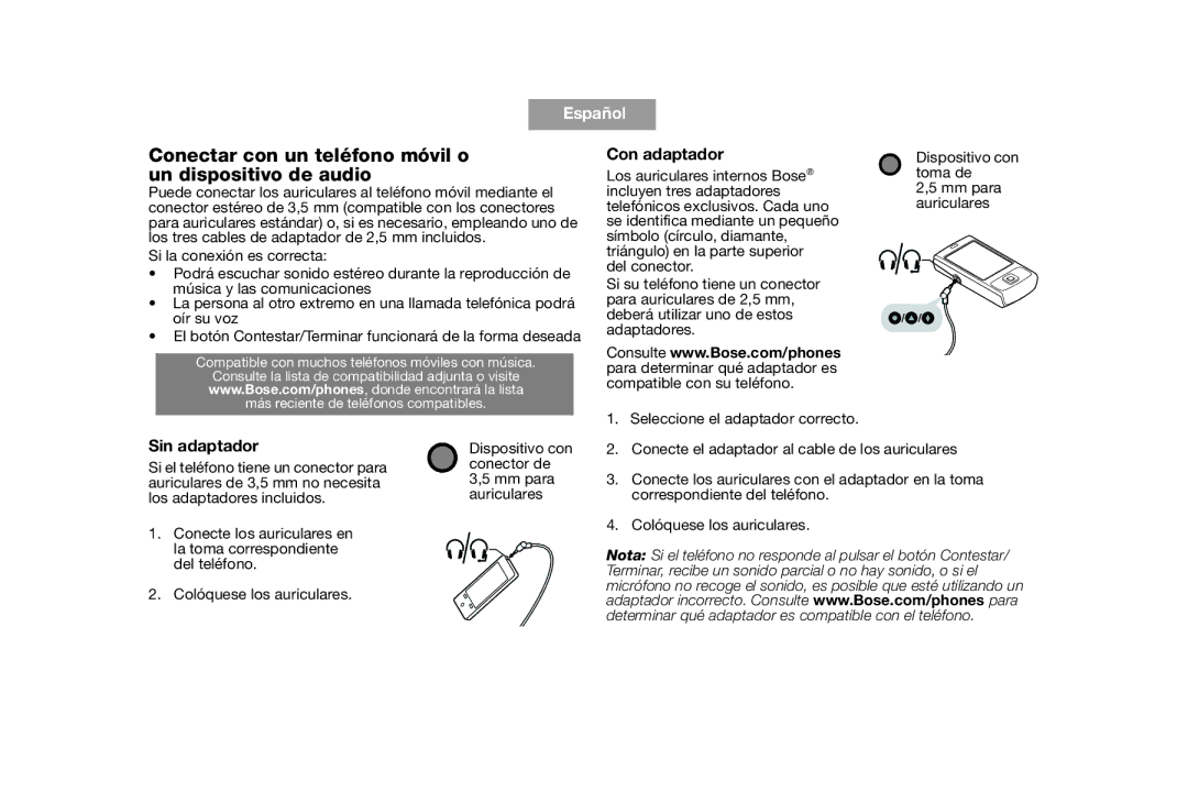 Bose AM316835 manual Conectar con un teléfono móvil o un dispositivo de audio, Con adaptador, Sin adaptador 