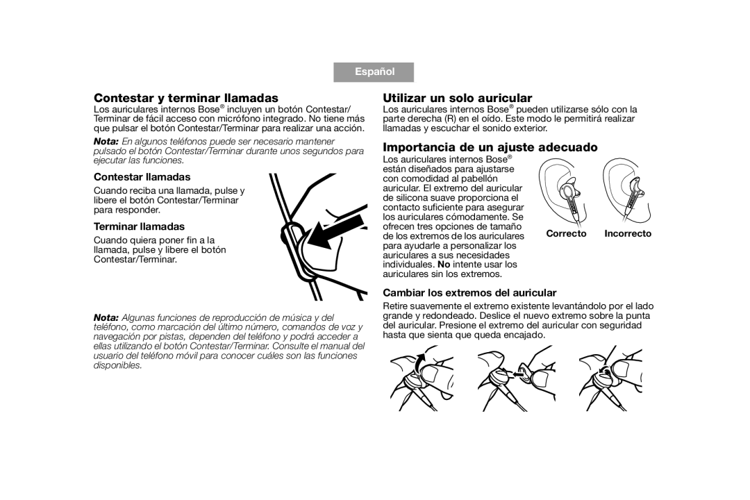 Bose AM316835 manual Contestar y terminar llamadas, Utilizar un solo auricular, Importancia de un ajuste adecuado 
