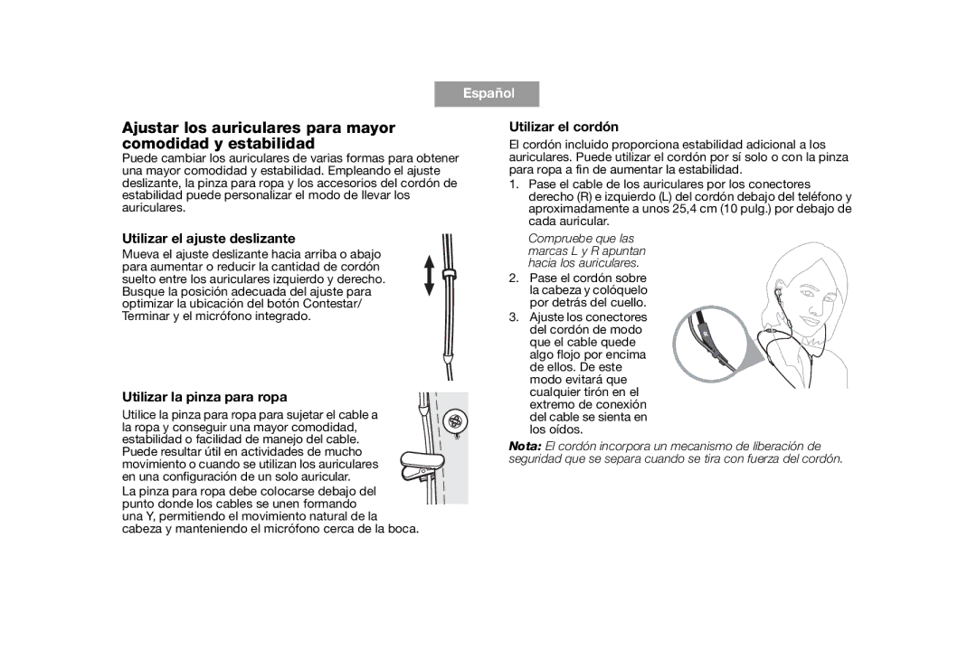 Bose AM316835 Ajustar los auriculares para mayor comodidad y estabilidad, Utilizar el cordón, Utilizar la pinza para ropa 