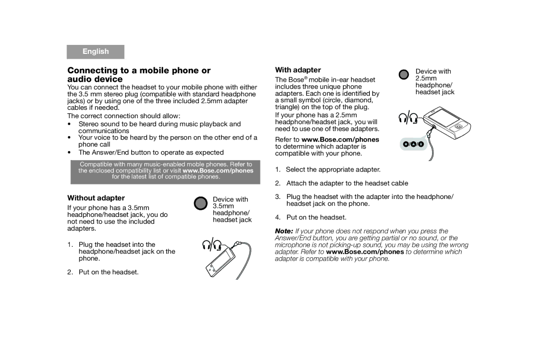 Bose AM316835 manual Connecting to a mobile phone or audio device, With adapter, Without adapter 