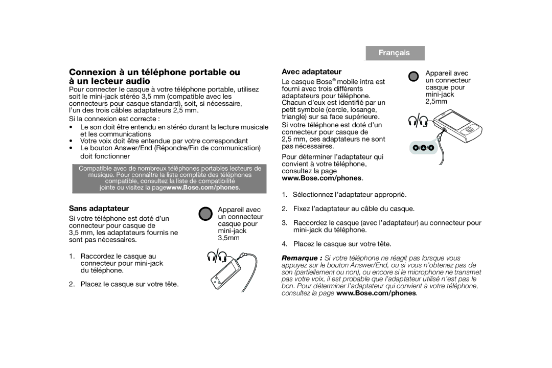 Bose AM316835 manual Connexion à un téléphone portable ou à un lecteur audio, Avec adaptateur, Sans adaptateur 