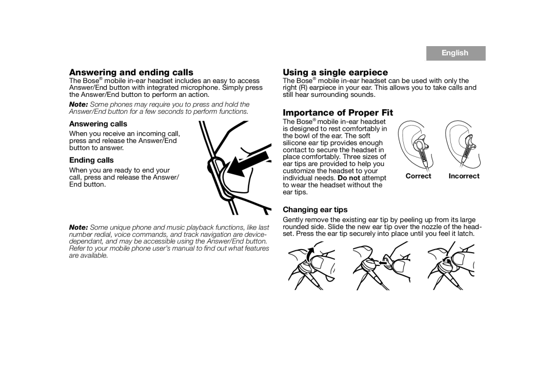 Bose AM316835 manual Answering and ending calls, Using a single earpiece, Importance of Proper Fit 