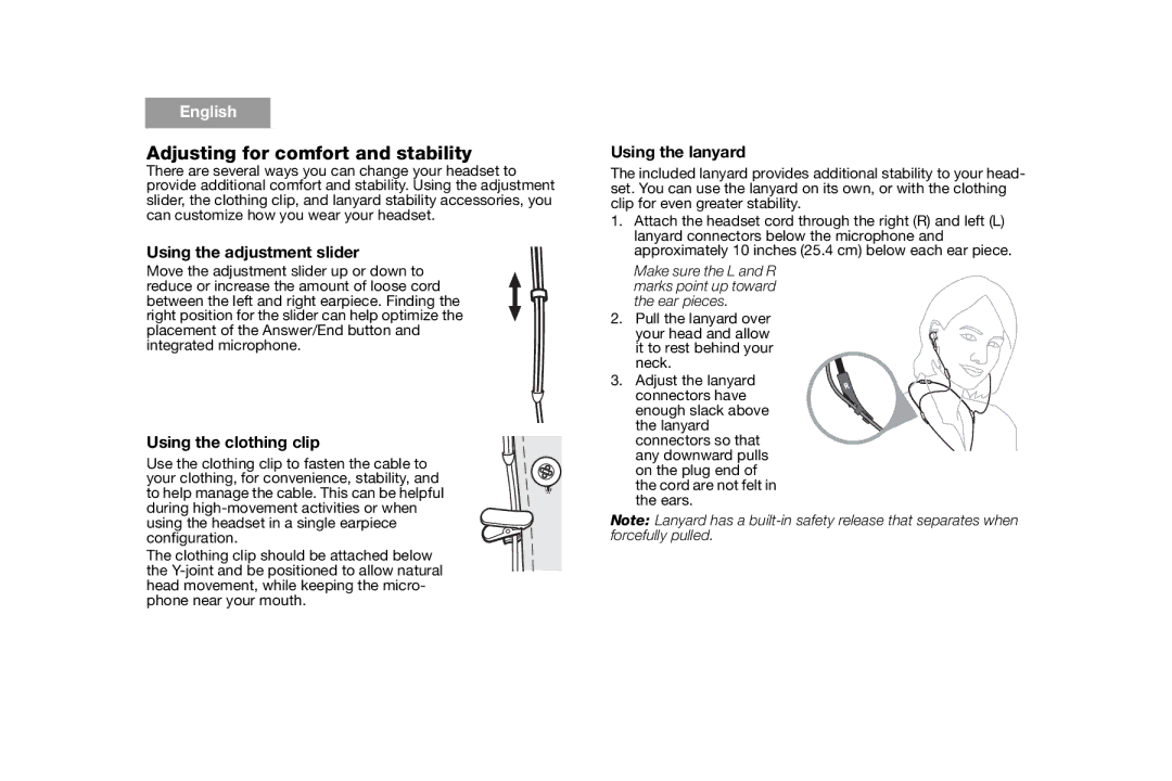 Bose AM316835 Adjusting for comfort and stability, Using the adjustment slider, Using the clothing clip, Using the lanyard 