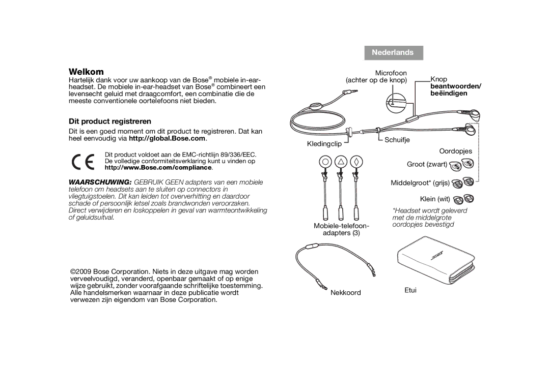 Bose AM316835 manual Welkom, Dit product registreren, Beantwoorden Beëindigen 