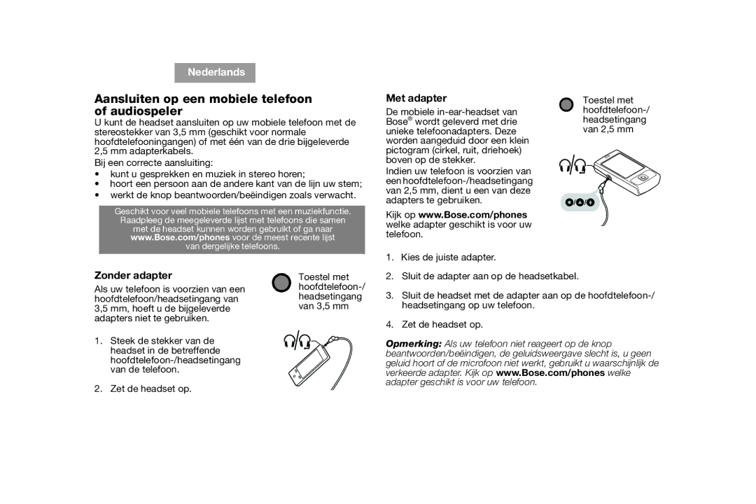 Bose AM316835 manual Aansluiten op een mobiele telefoon of audiospeler, Met adapter, Zonder adapter 