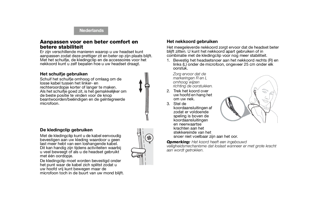 Bose AM316835 Aanpassen voor een beter comfort en betere stabiliteit, Het schuifje gebruiken, De kledingclip gebruiken 